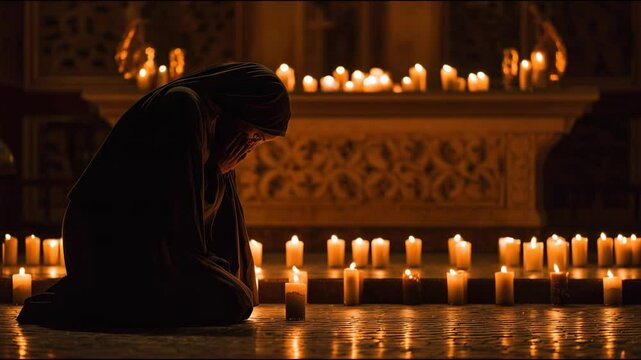 Nun bows in prayer amid flickering candlelight in tranquil church reflecting faith and devotion
