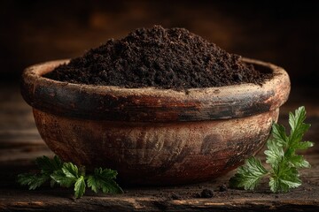 Dark soil in rustic bowl
