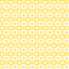 Seamless gingham pattern with yellow stars.Gold wallpaper.Checked plaids.vichy tartan background.Surface for textile.Decoration ornament.Repeat tile.Wrapping paper.Geometric.Vector illustration.