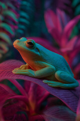 Naklejka premium A vibrant exotic frog with a sleek, glossy surface sits among glowing tropical plants. 