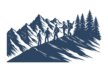 Group of hikers trekking through a mountain landscape with pine trees. adventure, hiking, nature, and outdoor exploration vector illustration.