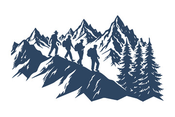 Group of hikers trekking through a mountain landscape with pine trees. adventure, hiking, nature, and outdoor exploration vector illustration.