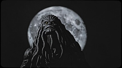 cthulhu, a monstrous cosmic entity, emerges from the darkness, its ominous presence silhouetted against the backdrop of a full moon, creating a chilling and suspenseful atmosphere