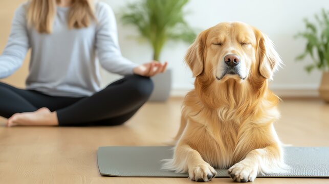 Pet Humanization concept A person meditating with a relaxed dog beside them in a peaceful indoor setting.