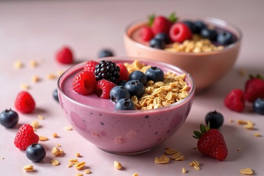 Delicious berry smoothie bowl with granola fresh fruits