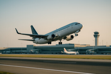 Fototapeta premium Passenger Jet Taking Off From Airport Runway At Sunrise With Terminal And Control Tower Visible