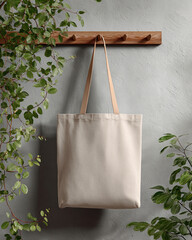 Canvas tote bag mockup hanging on hook in front of blurred botanical background with soft studio light for branding or product design