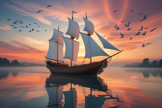 Sailing ship silhouetted against the sunset over the ocean