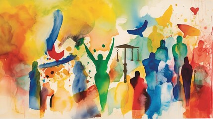 Abstract watercolor art of a vibrant city and sun, with silhouetted people dancing and jumping in a fun, colorful disco party crowd illustration