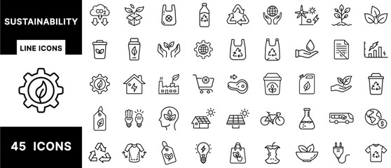 Sustainability Line Icons Set with Recycling, Eco Products, Renewable Energy, Green Living, Organic Materials, Zero Waste, and Environmental Conservation Symbols