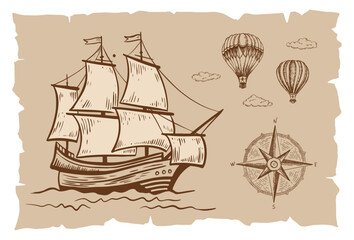 Old vintage sailboat. Hand drawn vector sketch.	
