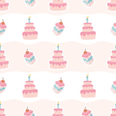 Festive seamless pattern with pink cakes
