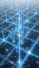 grid like city base with rising data columns representing search engine traffic and local business engagement