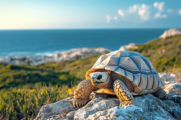 The tortoise sits on a rock, with a seascape and green hills in background. Use this in projects about slow living, patience, and the natural world.