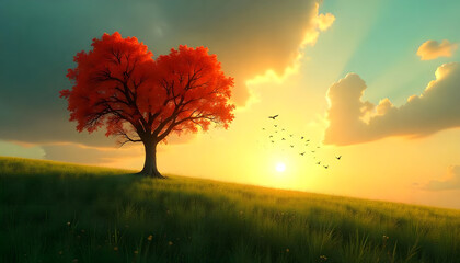 Fototapeta premium The setting sun casts a warm glow on a heart-shaped tree on a lush, green hillside.
