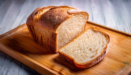 crusty bread slice on wooden board soft interior bakery bread