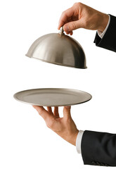 Waiter Opening Empty Serving Tray – Silver Cloche on Hand