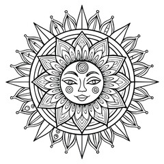 Detailed Sun Mandala with Face and Petals for Coloring or Design