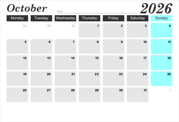 2026 year calendar. month, The week start on monday. EPS file vector.