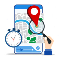 Hand holding magnifying glass with pin on smartphone screen. GPS and navigation symbol. GPS pointer marker. Elements for maps. Finding location concept.