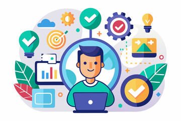 A flat vector illustration of five business people holding large golden stars, symbolizing teamwork, 