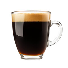 Freshly brewed dark coffee served in a clear glass cup against a simple transparent background
