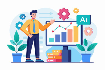 A flat vector illustration of five business people holding large golden stars, symbolizing teamwork, 