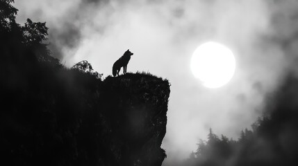 Lone wolf silhouette on clifftop at night, gazing at full moon in misty, dark landscape.