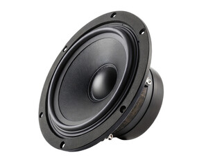 Round Black Speaker with Textured Surface and Deep Cone for High Quality Sound Reproduction