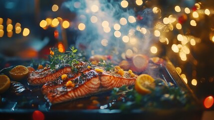 Steaming salmon fillets with lemon and herbs on a baking sheet, Christmas lights bokeh background.