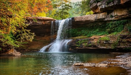 peaceful waterfall surrounded by rugged layered rocks in branson missouri countryside waterfall countryside