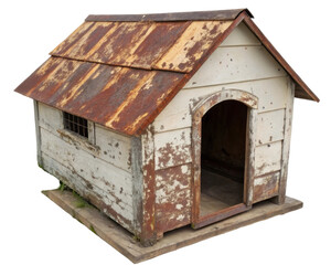 Weathered Vintage Doghouse with Rusty Roof and Unique Character Set Against Transparent Background