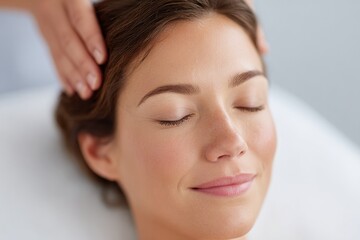 Naklejka premium woman receiving relaxing scalp massage in minimalistic beauty salon with blurred people in background