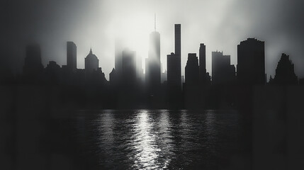 black and white silhouette of city skyline with reflective water surface creates dramatic