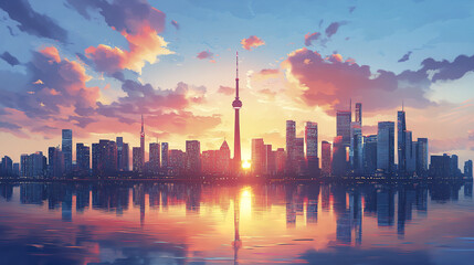 Fototapeta premium stunning city skyline at sunset, featuring large tower and reflective water