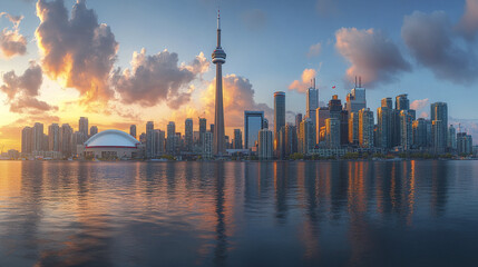 Fototapeta premium stunning city skyline sunset with reflections water, showcasing modern architecture and vibrant