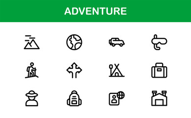 Adventure Icon Set in Vector Style Featuring Hiking, Camping, Travel, and Exploration Graphics