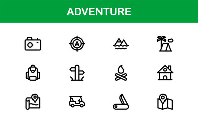 Adventure Icon Set in Vector Style Featuring Hiking, Camping, Travel, and Exploration Graphics
