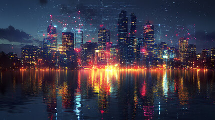 Fototapeta premium glowing city skyline at night with reflections on water creates vibrant atmosphere