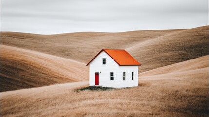 Serene White House with Red Roof Amidst Golden Rolling Hills under Overcast Sky