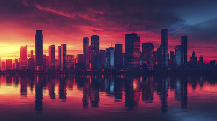 Obraz premium modern urban skyline silhouette reflecting on water during vibrant sunset