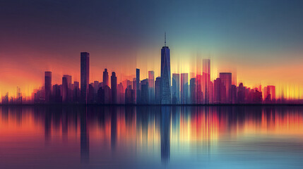 Fototapeta premium vibrant urban skyline silhouette reflecting on calm water at sunset, creating serene atmosphere
