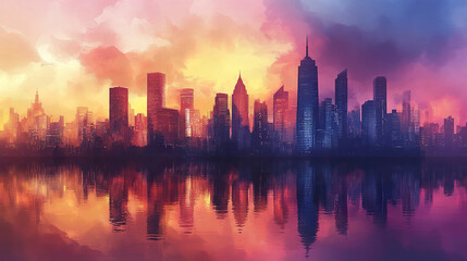 Fototapeta premium vibrant urban skyline silhouette reflecting on water during sunset, creating stunning visual