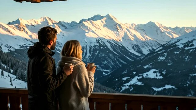 Cozy vista Couple sips coffee embraced by snowy peaks from a wooden chalet perch