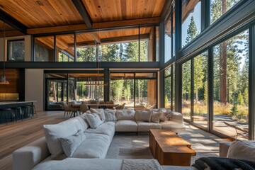 Fototapeta premium Modern living room with large windows and wooden ceiling, cozy design. Showcase architectural design and natural light for home improvement ideas.