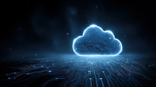 Glowing cloud icon with circuitry represents cloud computing and digital data storage in a futuristic, high-tech environment.
