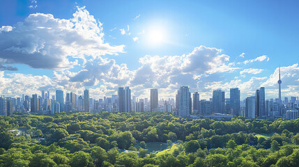 Naklejka premium panoramic view of modern city skyline with skyscrapers and lush greenery under bright sky
