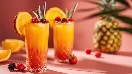 Two vibrant tropical cocktails with orange slices, berries, and pineapple garnish on a pink surface, evoking a refreshing summer vibe.