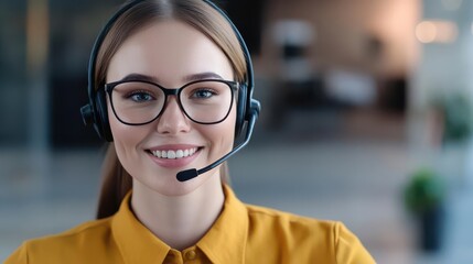 Friendly female with headset typing while listening to a client