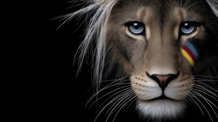 Majestic Lion Portrait with Colorful Face Paint Against Dark Background